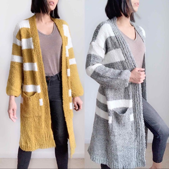 WOOL BLEND OPEN FRONT LONG KNIT CARDIGAN WITH POCKETS - WHITE GRAY COLOR BLOCK - Picture 5 of 5